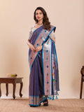 Sky Blue soft silk saree featuring woven lotus motifs and an unstitched blouse