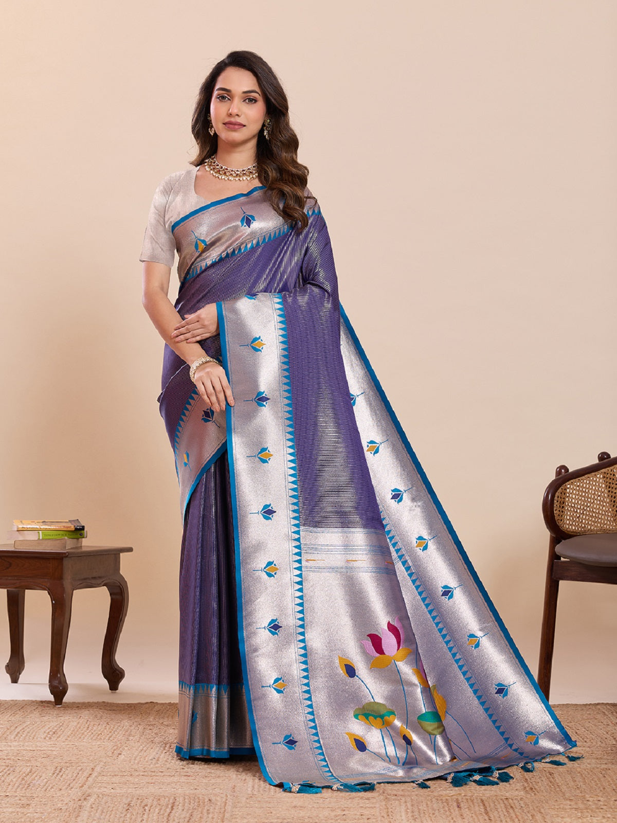 Sky Blue Soft Silk Saree with Woven Lotus Motif Work