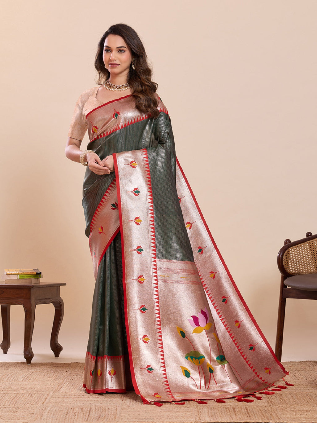 Deep Green Pure Soft Silk Saree with intricate woven lotus motifs and unstitched blouse
