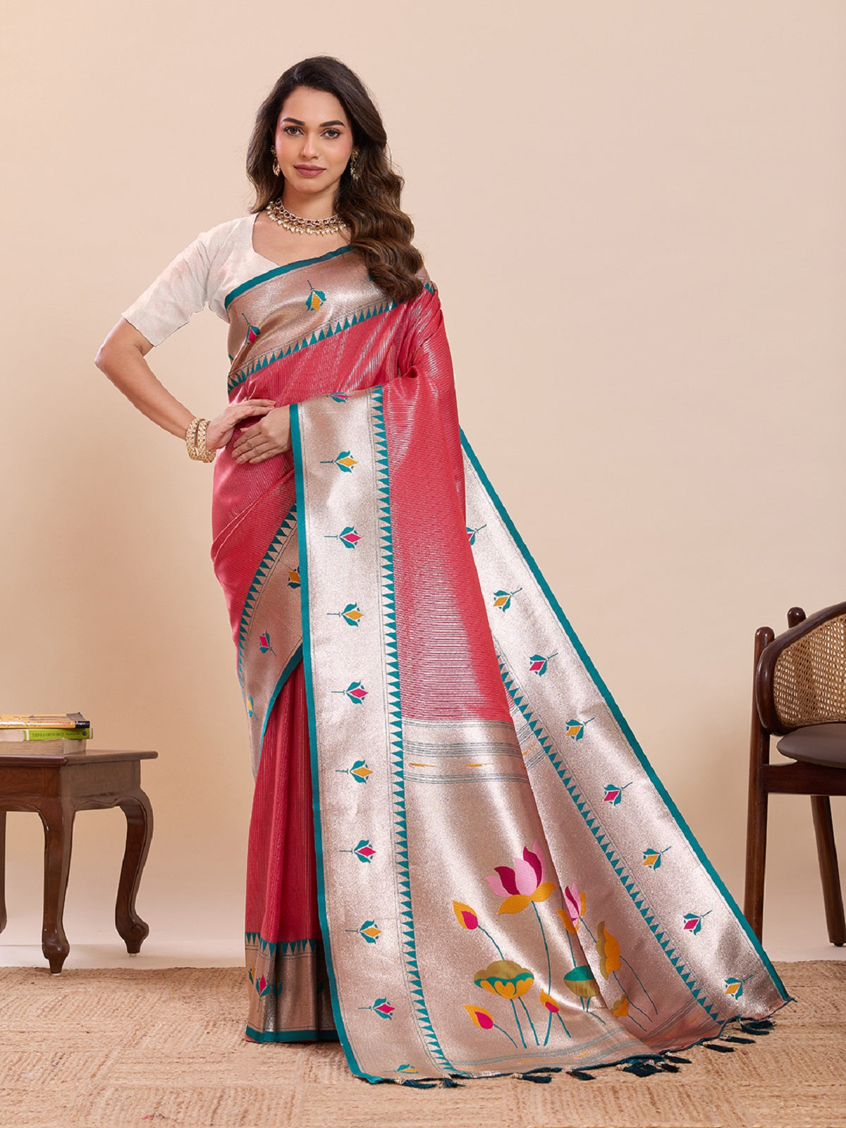 Red soft silk wedding saree with elegant woven lotus motifs