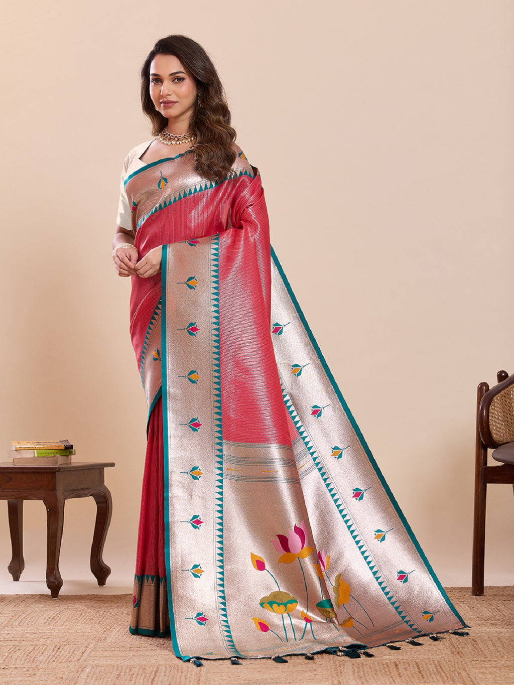 Red Soft Silk Wedding Saree with Woven Lotus Motifs