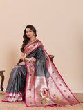 Grey Pure Soft Silk Saree with Woven Lotus Motif Work