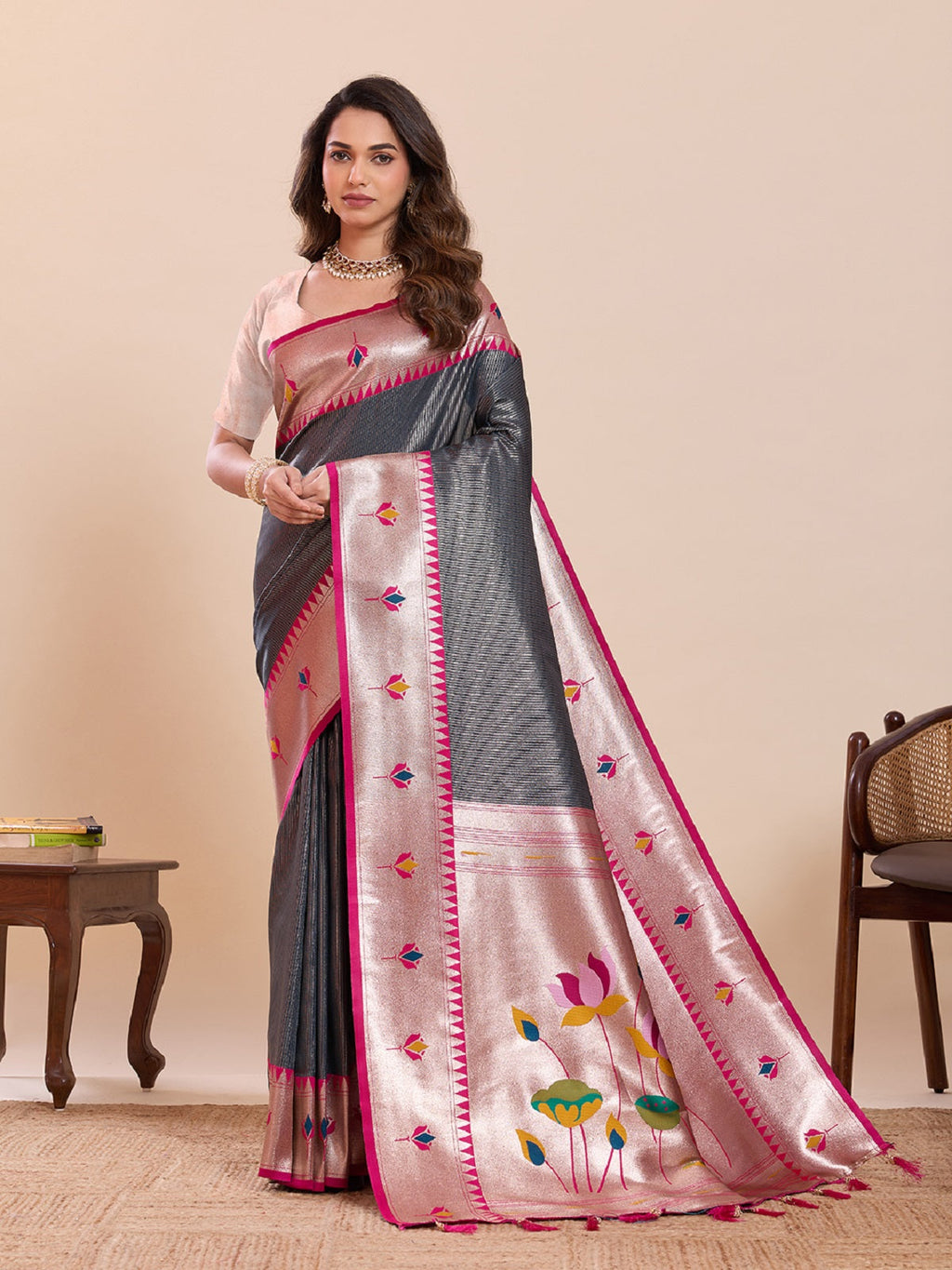 Grey pure soft silk wedding saree with woven lotus motifs and unstitched blouse