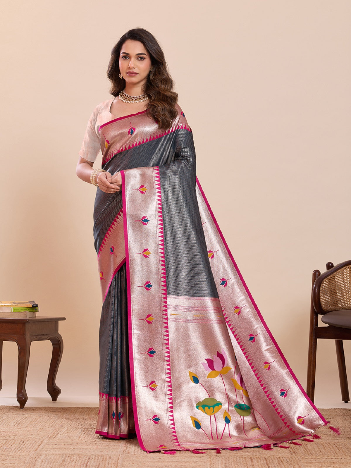 Grey pure soft silk wedding saree with woven lotus motifs and unstitched blouse