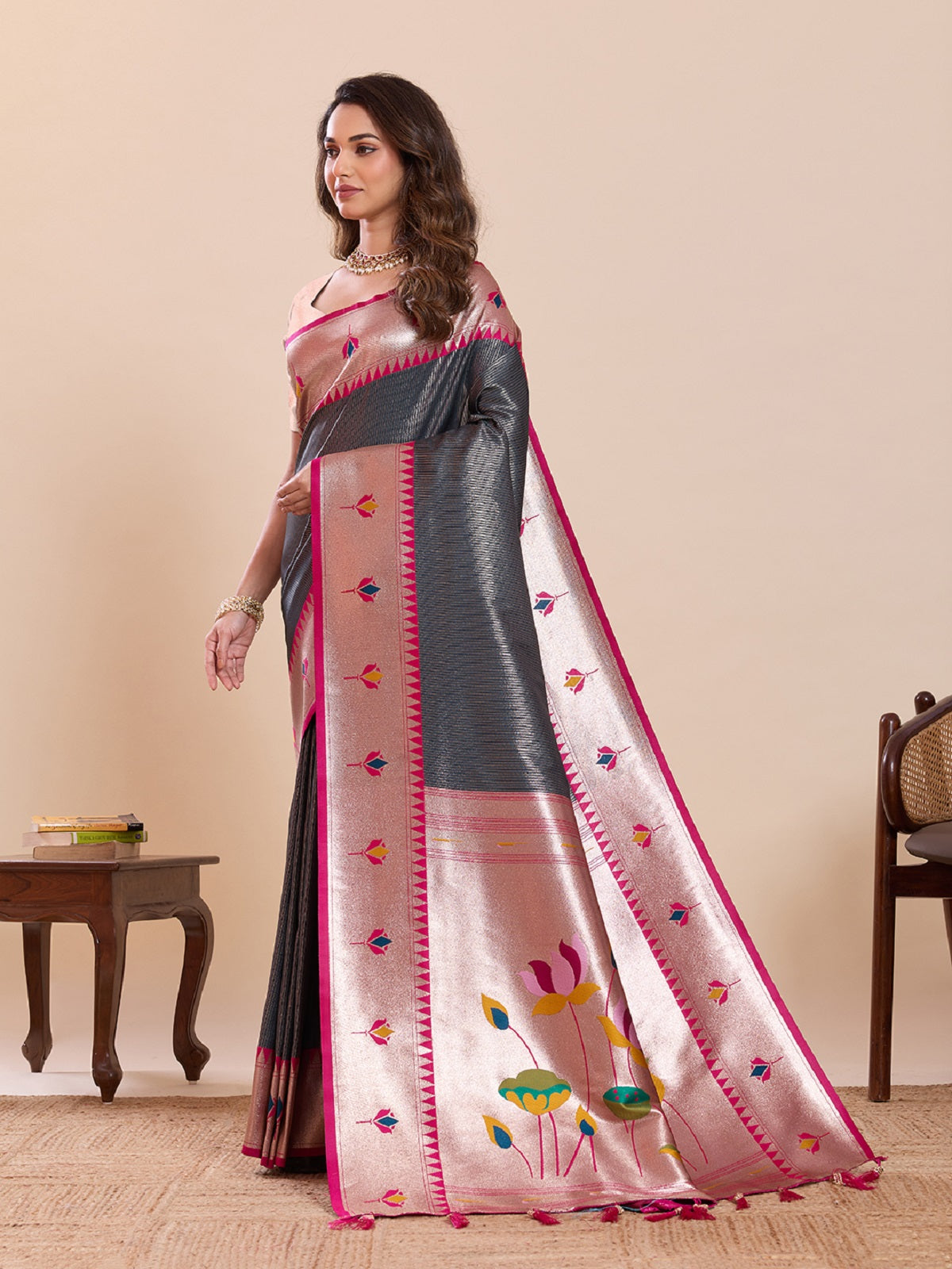 Grey Pure Soft Silk Saree with Woven Lotus Motif Work