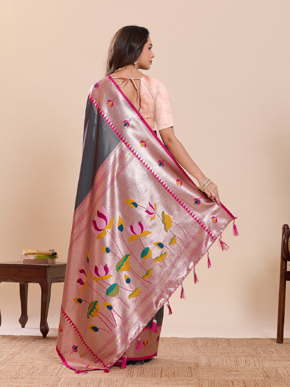 Grey Pure Soft Silk Saree with Woven Lotus Motif Work
