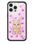 Love Stitched iPhone case featuring a stitched bunny character with purple wings and purple hearts on a light pink background with a black bumper.
