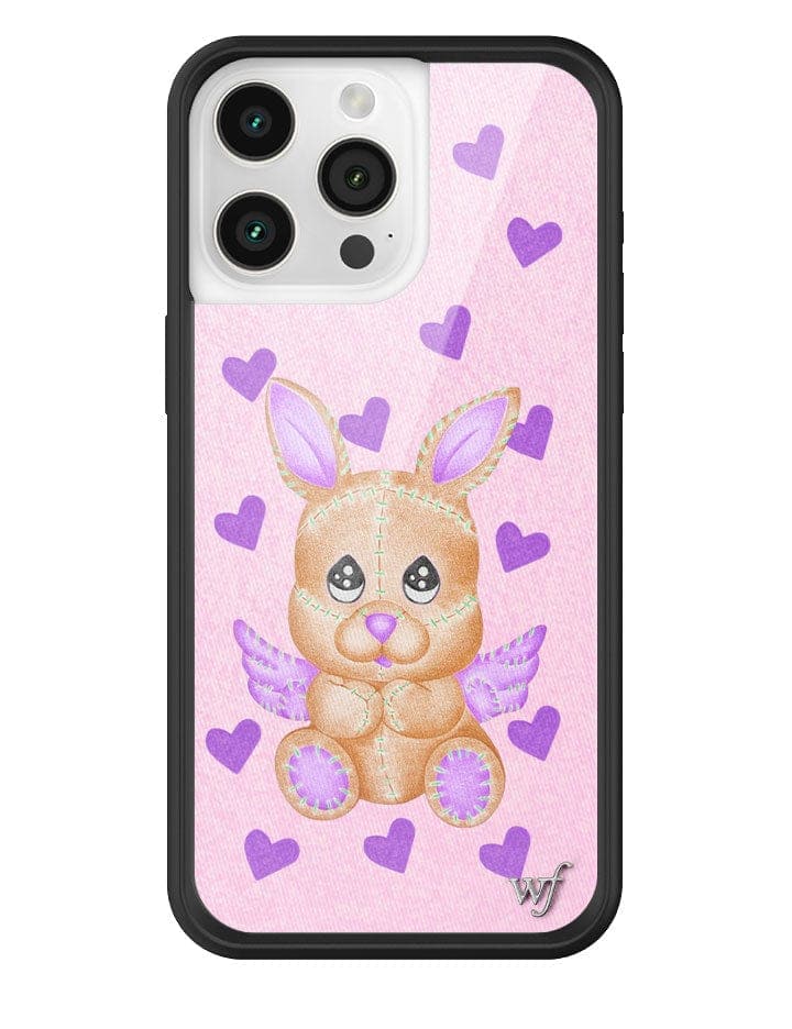 Love Stitched iPhone case featuring a stitched bunny character with purple wings and purple hearts on a light pink background with a black bumper.