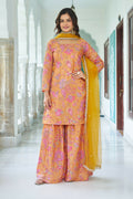 Yellow chinnon kurta set with detailed embroidery and sequence work