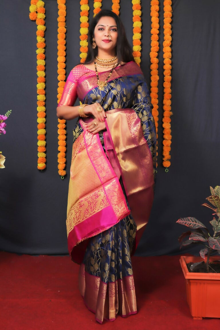 Navy Blue Kanjivaram Silk Zari Woven Saree with Pink Blouse