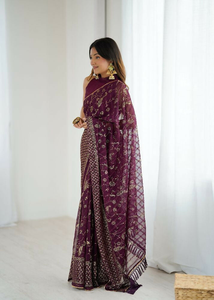 Wine Georgette Saree with Foil Work and Zalar Lace