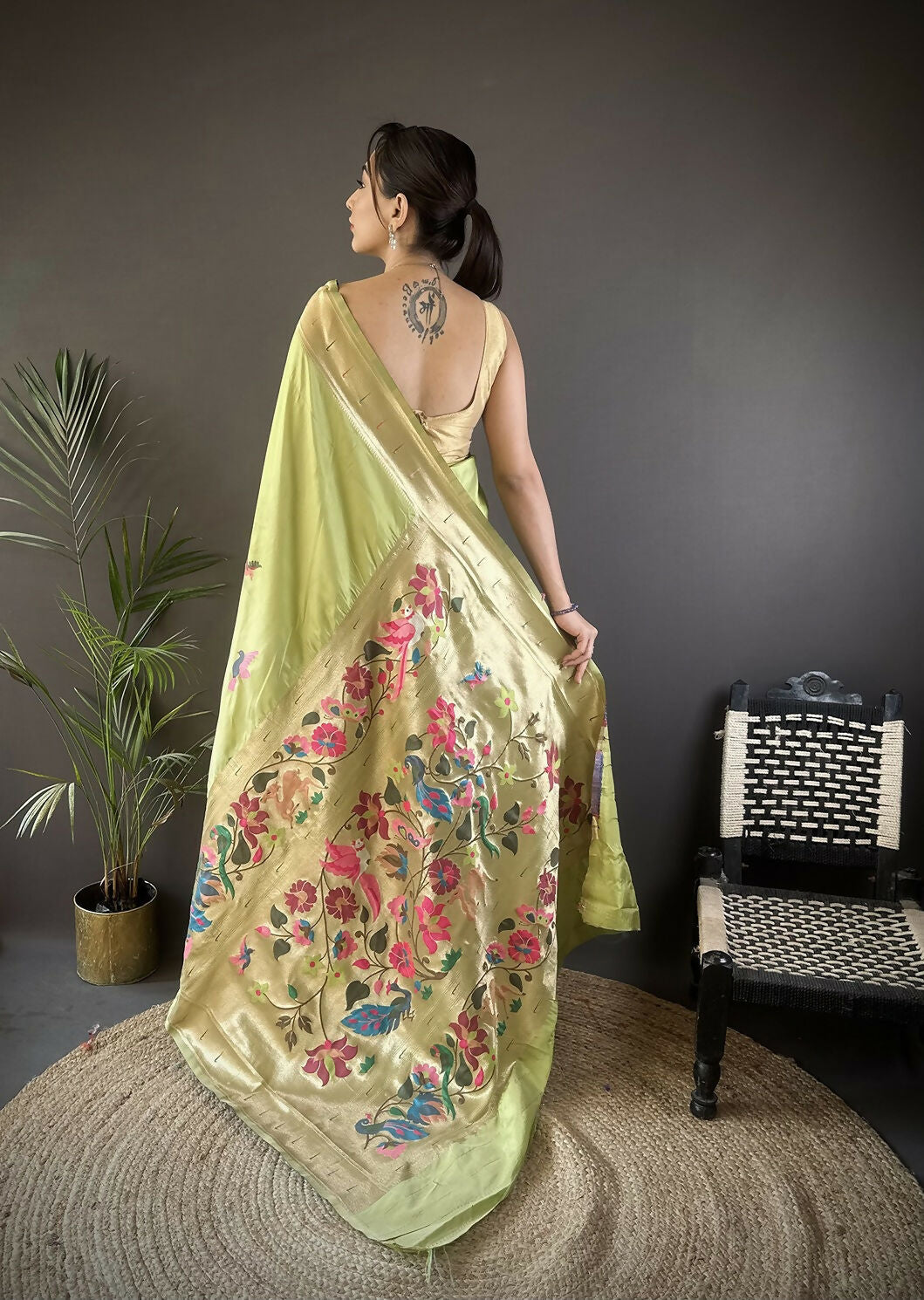 Pista Green Floral Paithani Saree in Soft Silk with Blouse