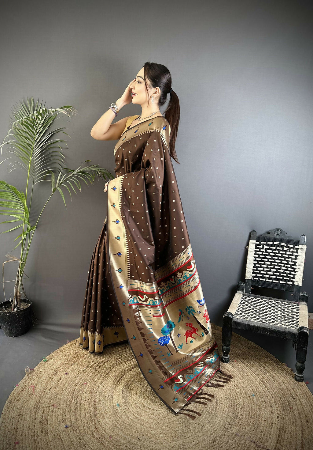 Brown Peacock & Floral Motif Soft Lichi Silk Kanchipuram Saree