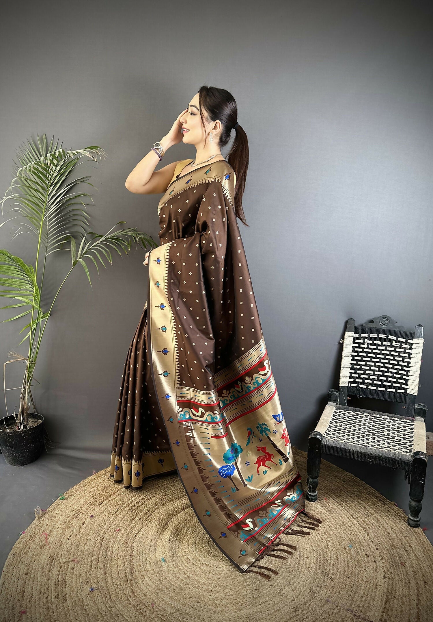 Brown Peacock & Floral Motif Soft Lichi Silk Kanchipuram Saree