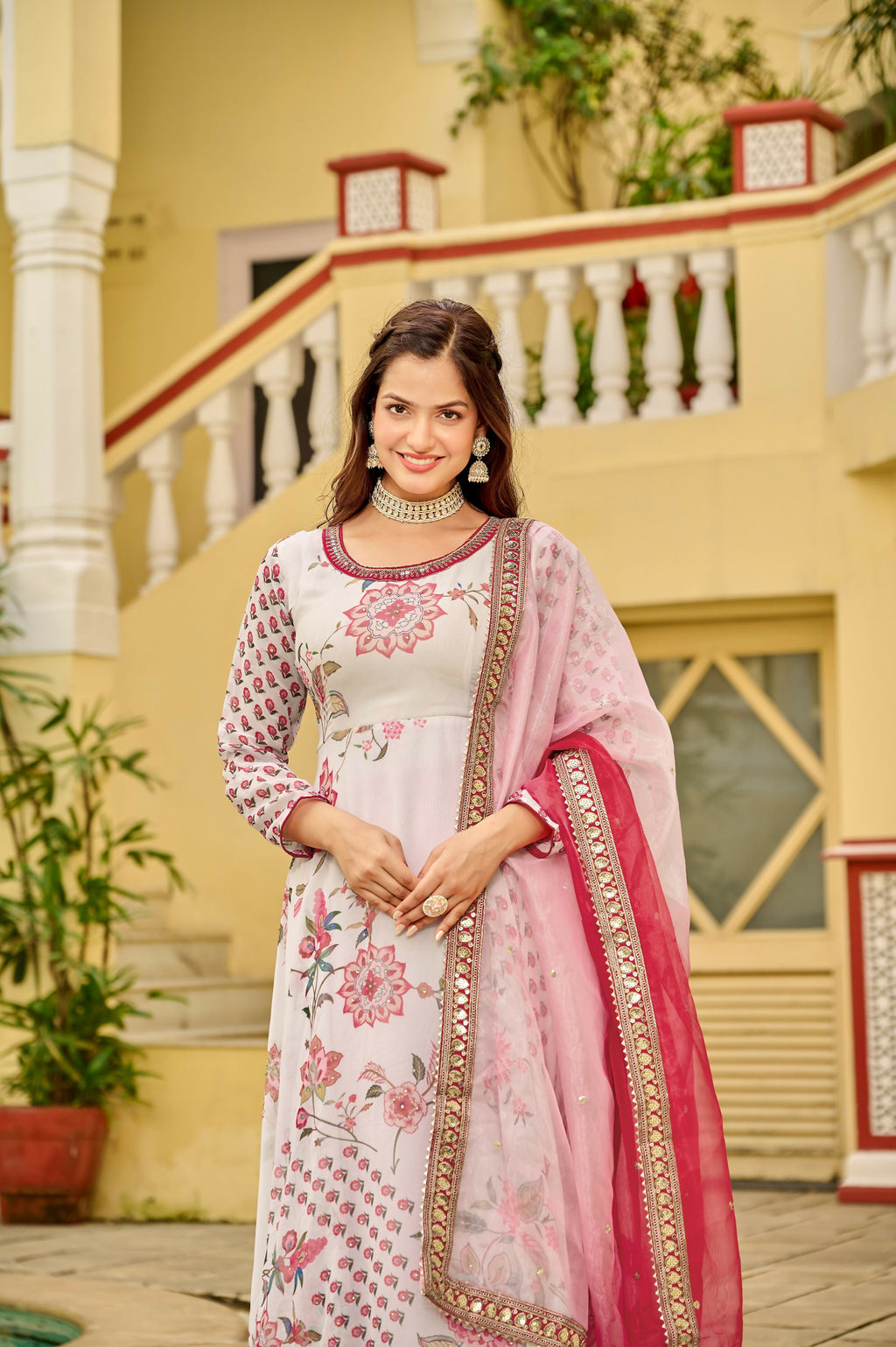 Pink & White Georgette Embroidery Sequence Work Kurta Set