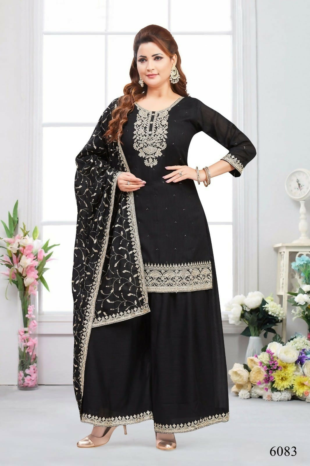 Elegant 3-piece black Chinon silk kurta set with matching dupatta and cotton lining