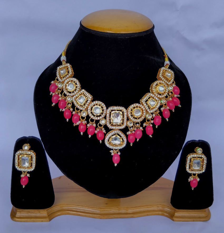 Elegant gold plated Kundan stone necklace set for ethnic fashion