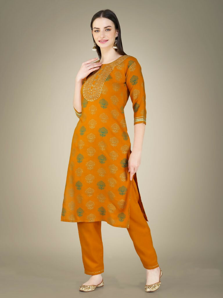 Yellow Cotton Magic Slub Straight Kurta Set with Embroidery