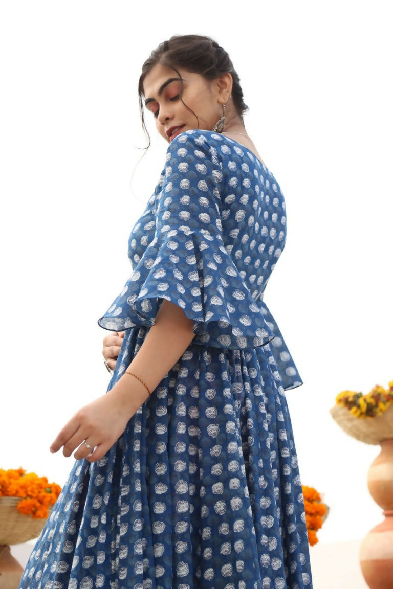 Women's Blue Cotton Silk Anarkali Dress with Digital Print