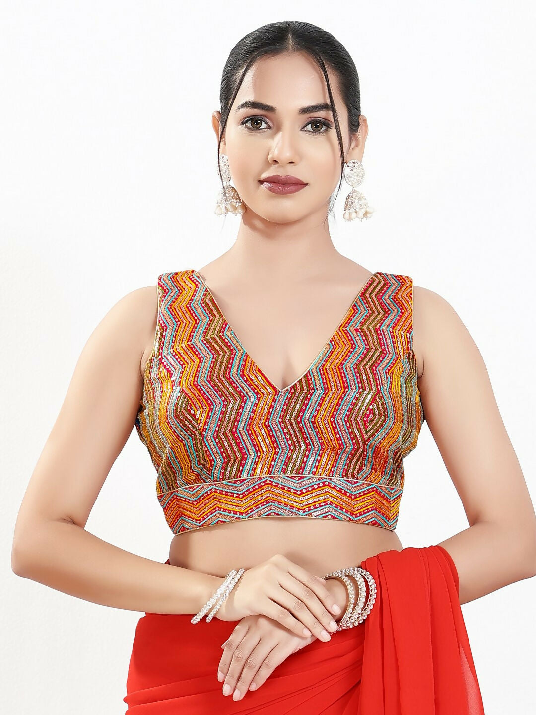 Joban Fashion Red Multi Silk Padded Blouse With V Neck Sleeveless