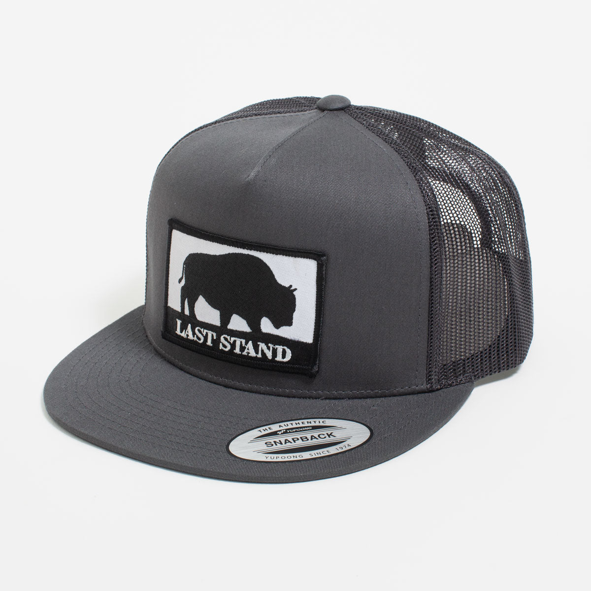Last Stand Bison 5-panel snapback hat in white and black with mesh back.