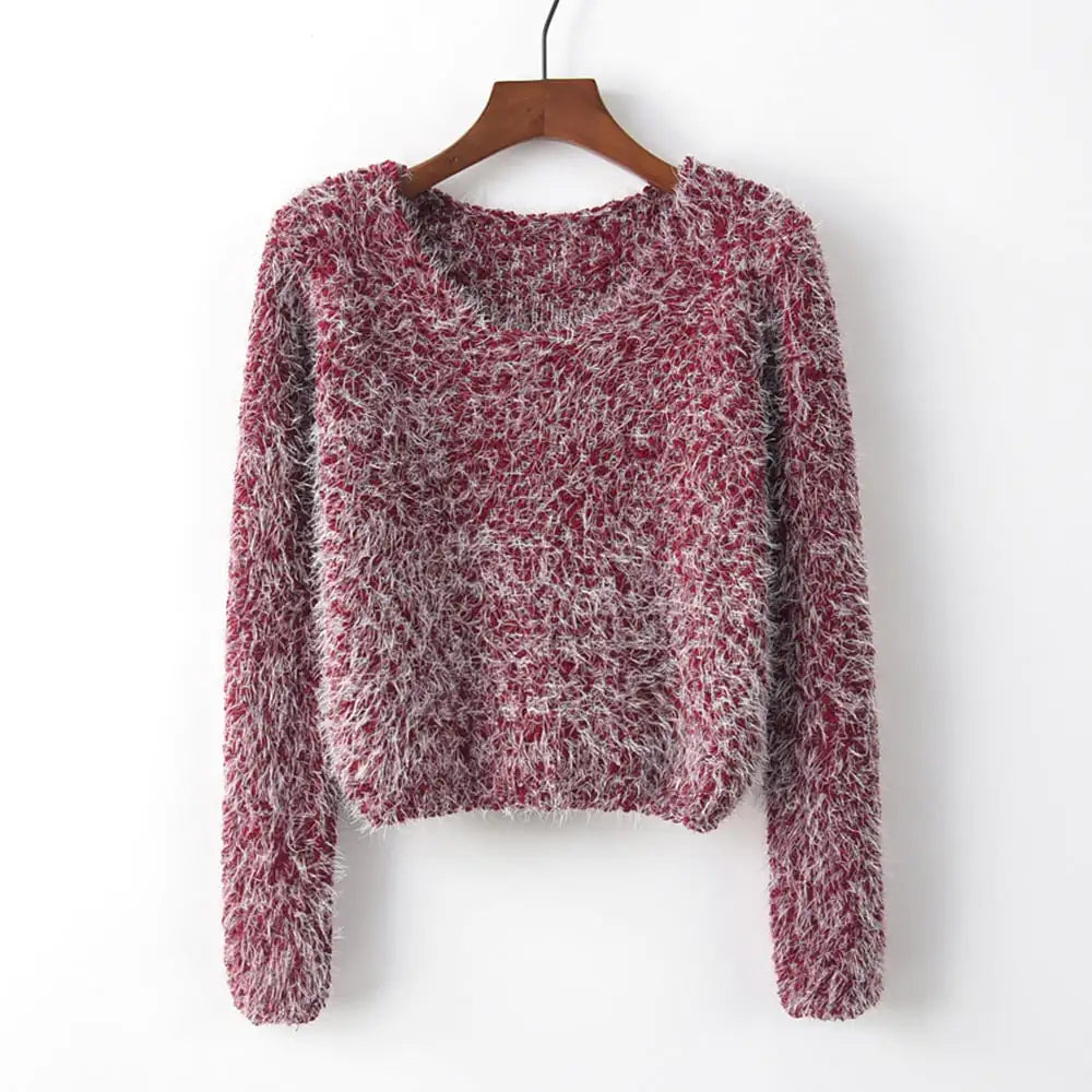 Women's Fuzzy Round Neck Pullover Sweater Soft Knit Long Sleeve - Image 3