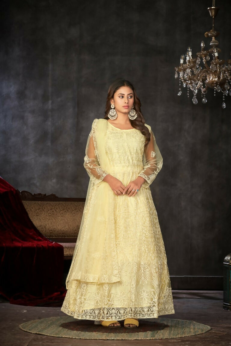 Cream Net Embroidered Anarkali Kurta Pant Set with Dupatta