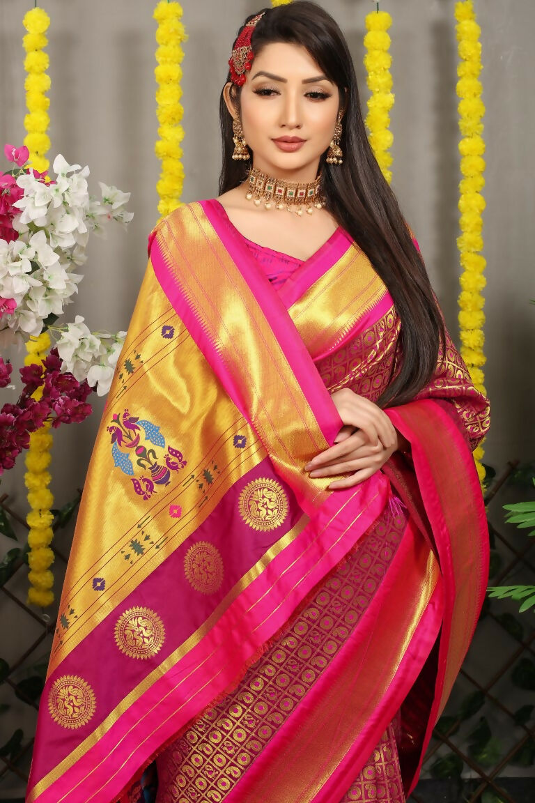 Magenta Banarasi Silk Zari Woven Saree with Pink Blouse