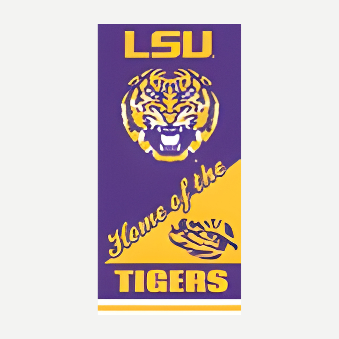 LSU Tigers beach towel featuring a purple background with the LSU logo and text reading Home of the Tigers in gold.