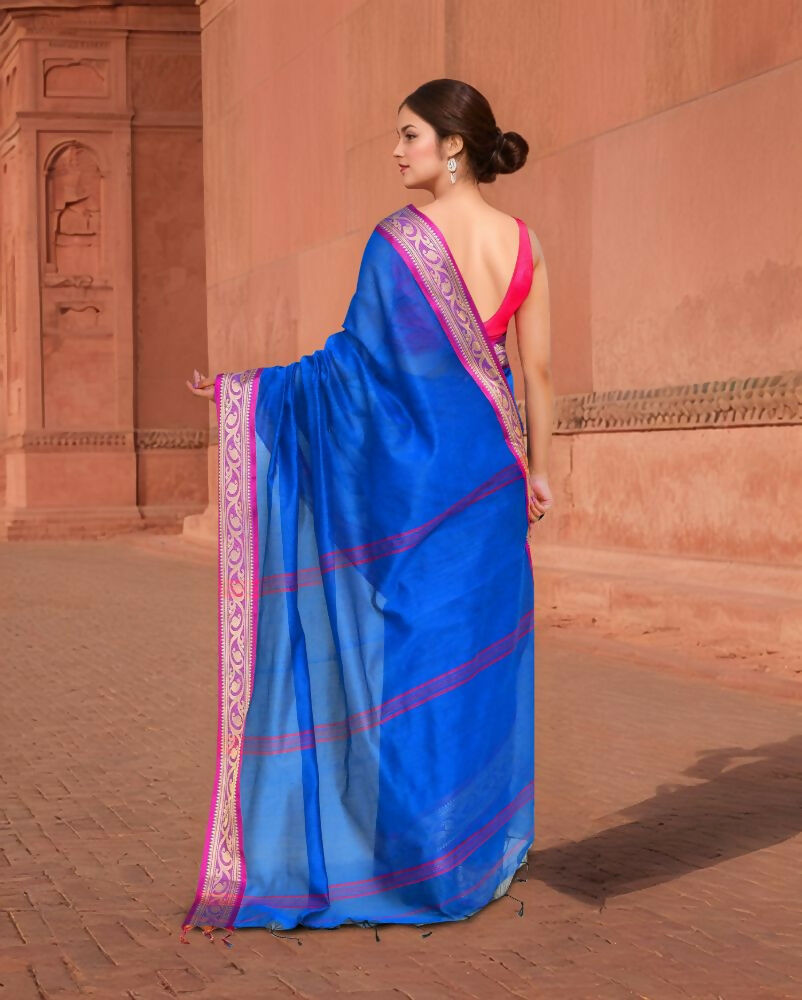 Women's Trendy Blue and Pink Cotton Saree with Blouse Piece