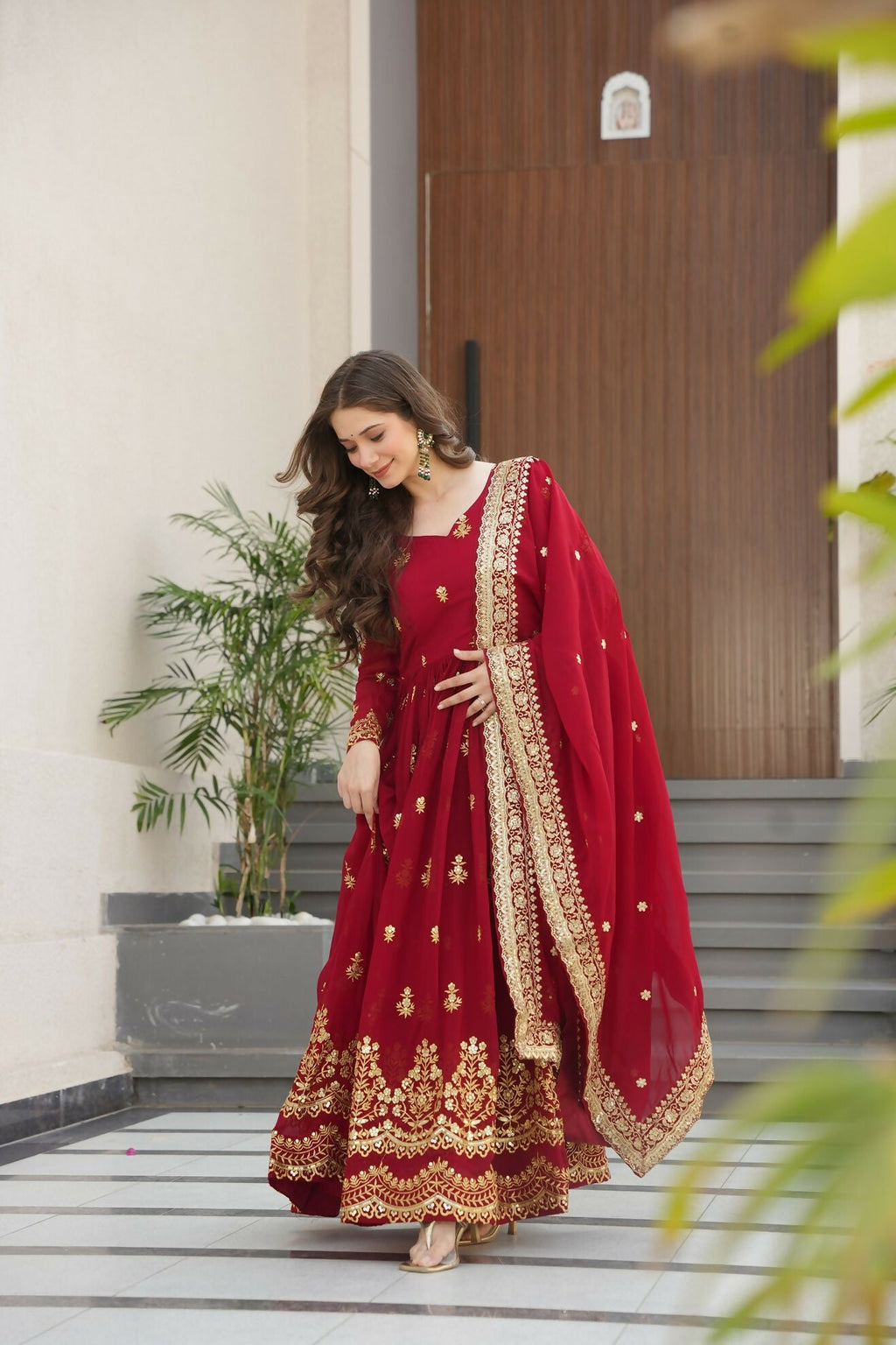 Maroon Georgette Kurta Set with Sequence Embroidery