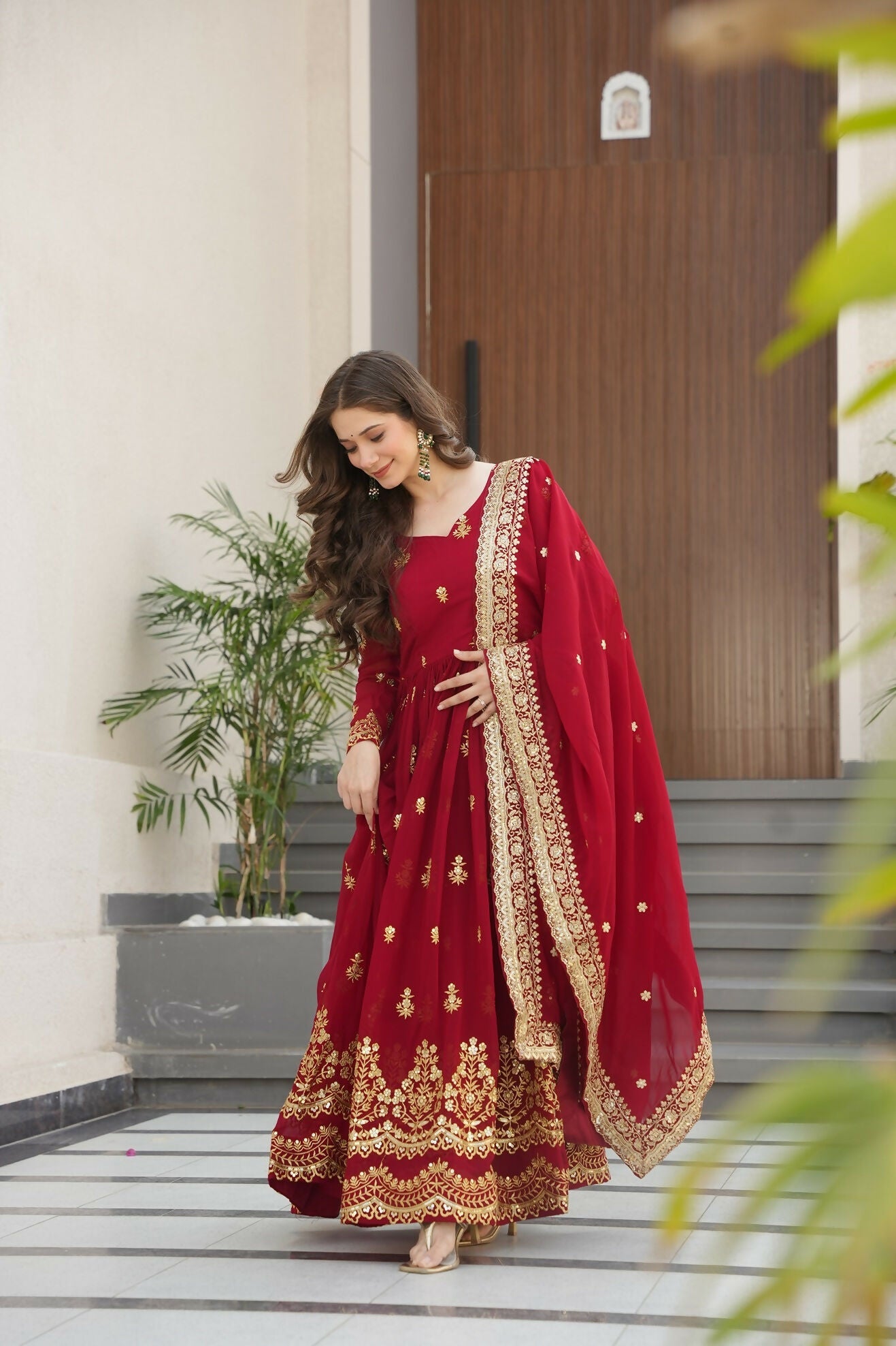 Maroon Georgette Kurta Set with Sequence Embroidery