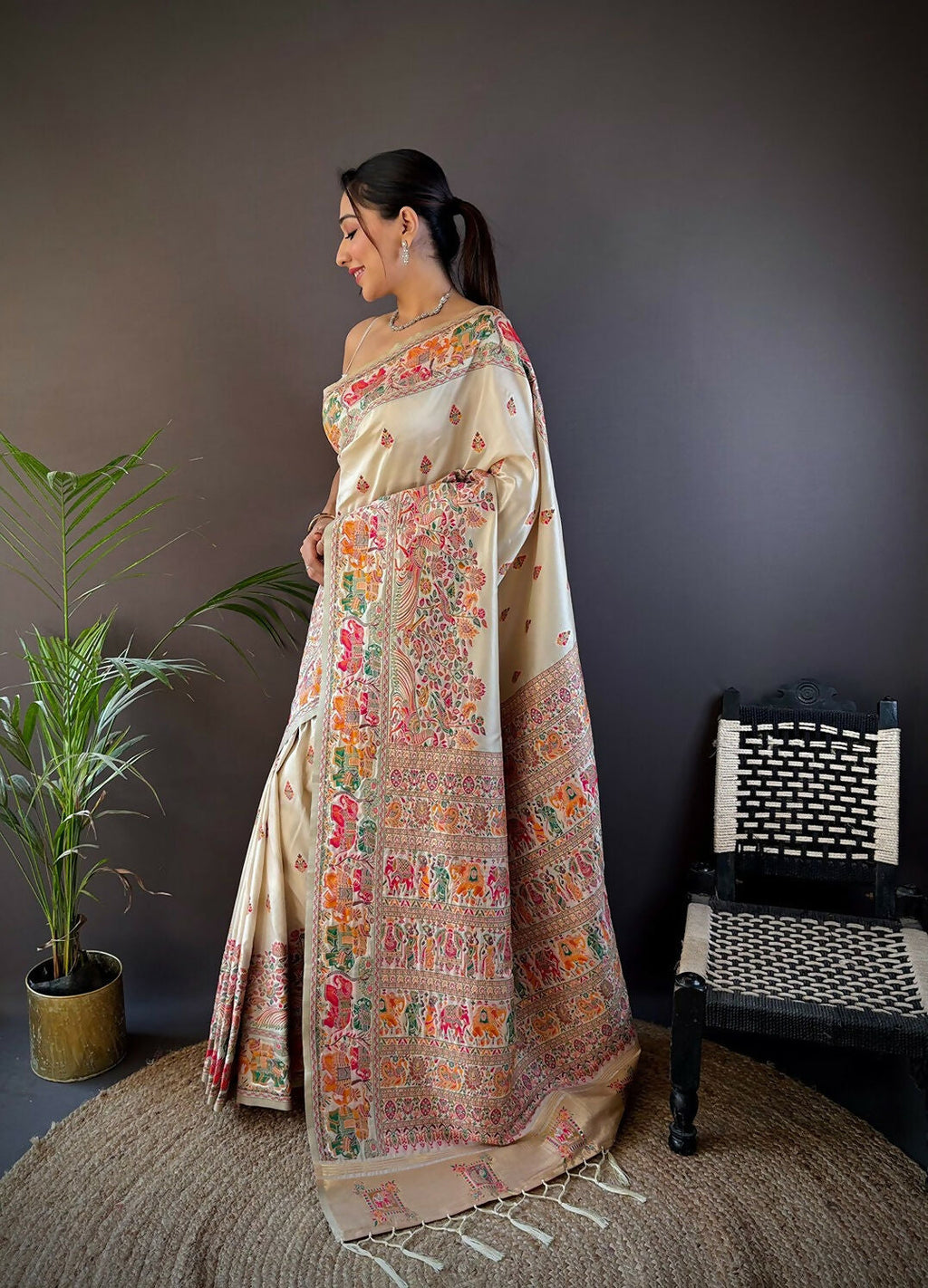White Meena Weaves Soft Silk Saree with Unstitched Blouse