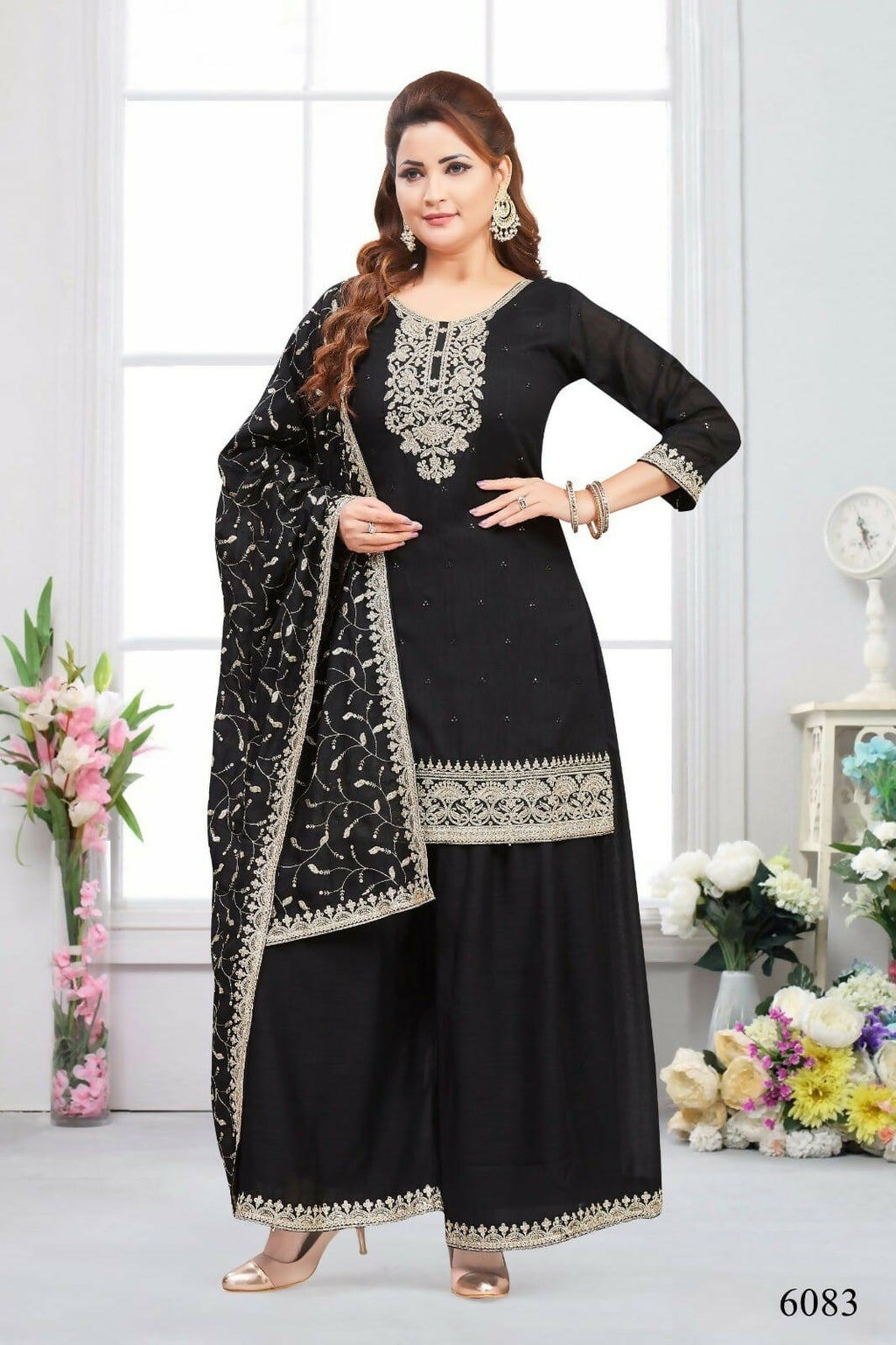 Chinon Silk Black Kurta Set 3-Piece Ethnic Ensemble