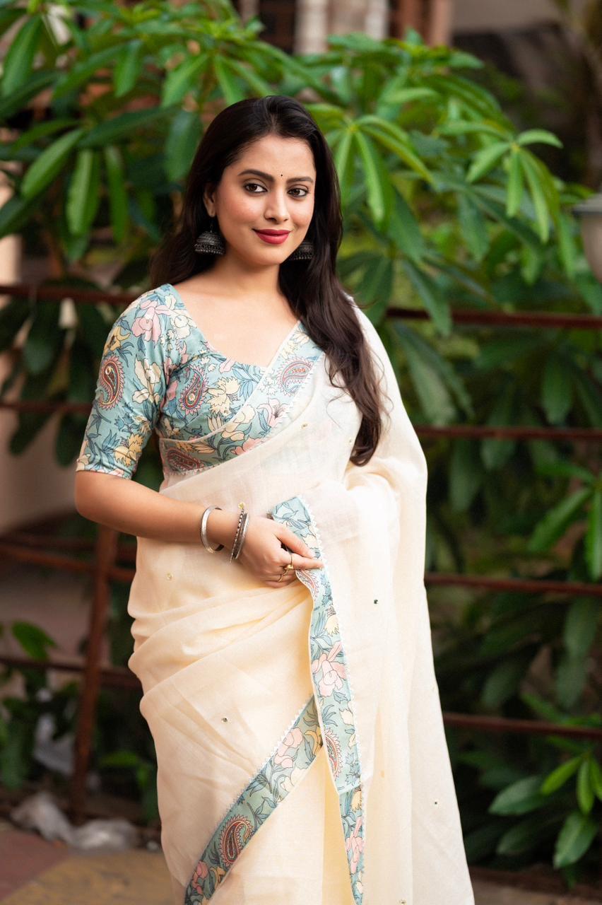 Blue Pure Linen Ethnic Motif Saree with Aari Mirror Work