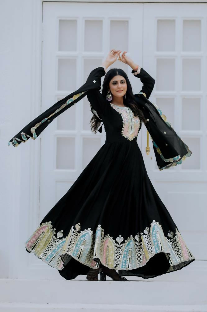 Joban Fashion Black Chinnon Silk Sequence Embroidery Work Readymade Kurta Set