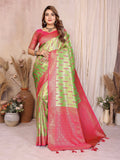 Aastha Fashion Pista Green Tissue Silk Paithani Woven Saree featuring detailed ethnic weaving and a contrast pink blouse.