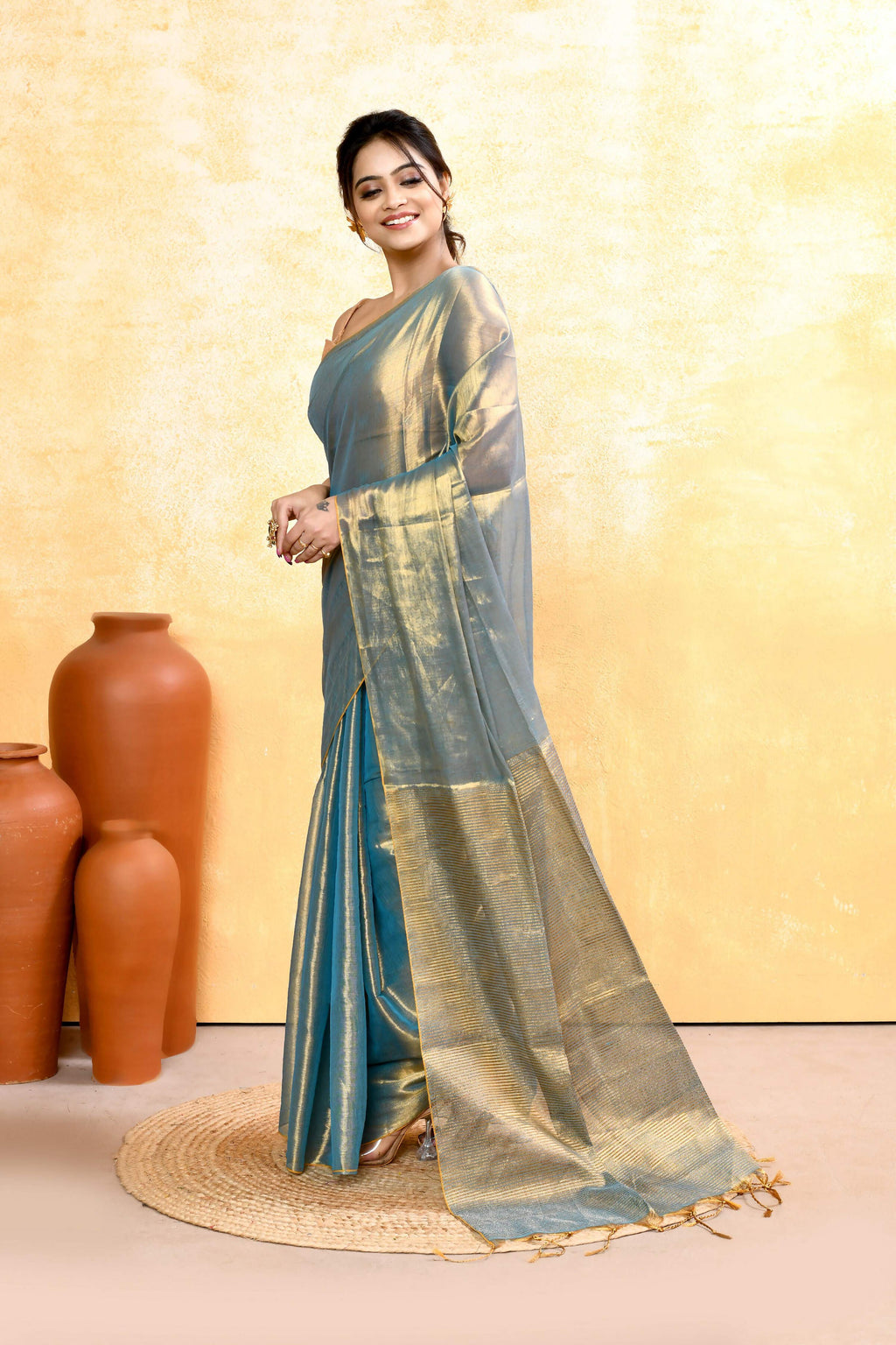 Copper Turquoise Dual Tone Organic Tissue Saree with Blouse