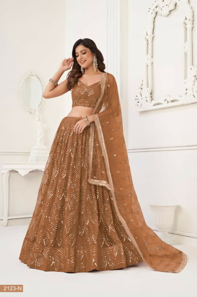 Brown Butterfly Net Lehenga with Original Mirror & Sequence Work