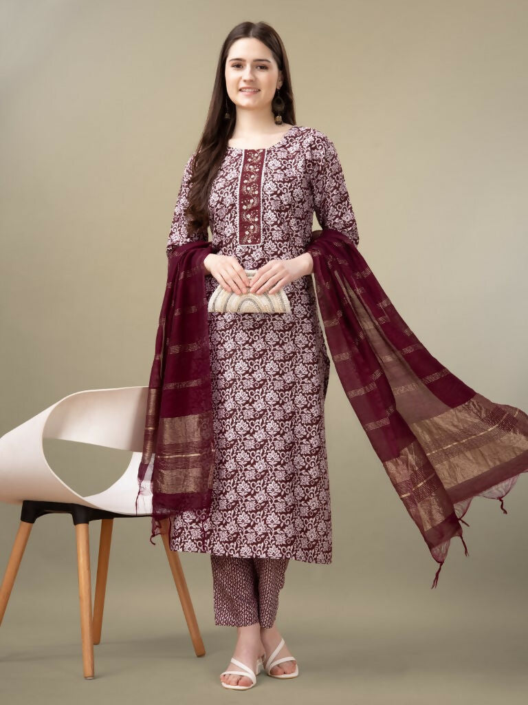 Women's Maroon Rayon Straight Kurta Set with Sequence Embroidery
