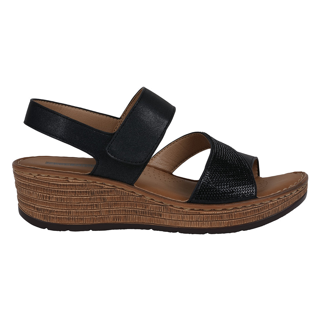Women's Black Embellished Velcro Wedge Sandals Comfort Footbed - Image 2