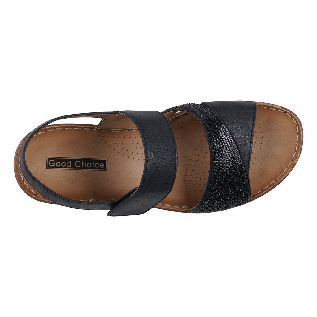 Women's Black Embellished Velcro Wedge Sandals Comfort Footbed - Image 3