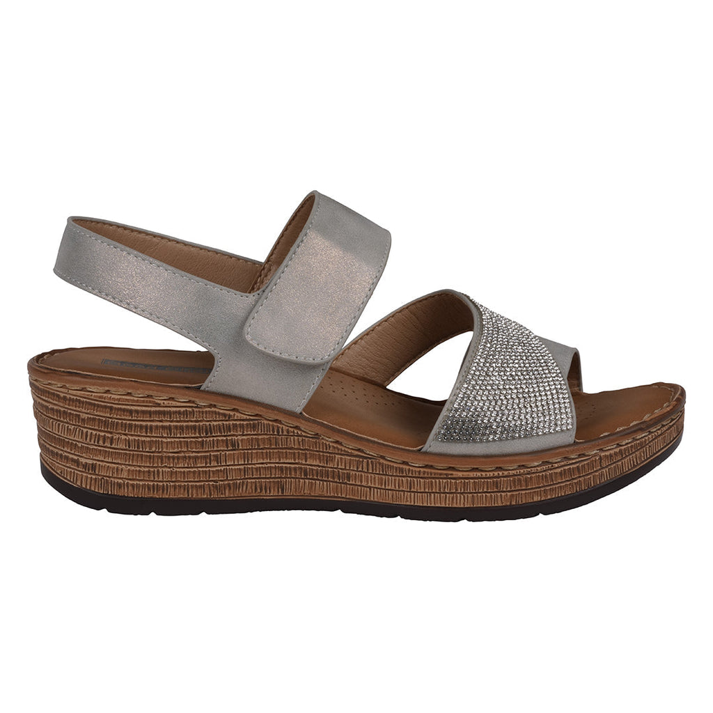 Women's Grey Embellished Wedge Sandals with Adjustable Velcro - Image 2
