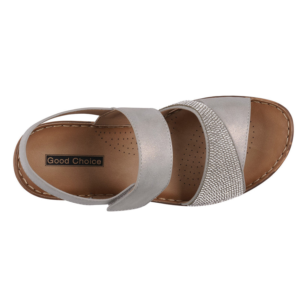 Women's Grey Embellished Wedge Sandals with Adjustable Velcro - Image 3