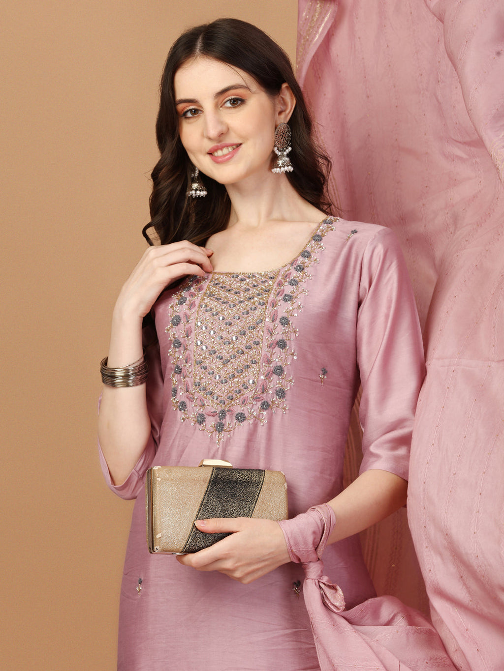 Multicolor Embroidered Kurta Set with Pant and Dupatta