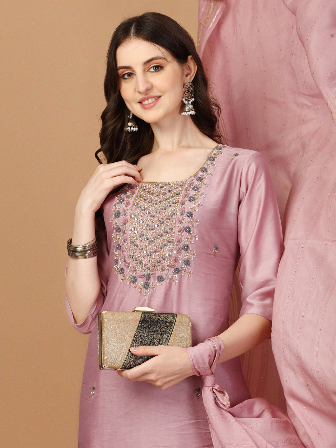 Multicolor Embroidered Kurta Set with Pant and Dupatta
