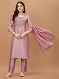 Woman wearing a multicolor embroidered rayon kurta set with pant and matching dupatta