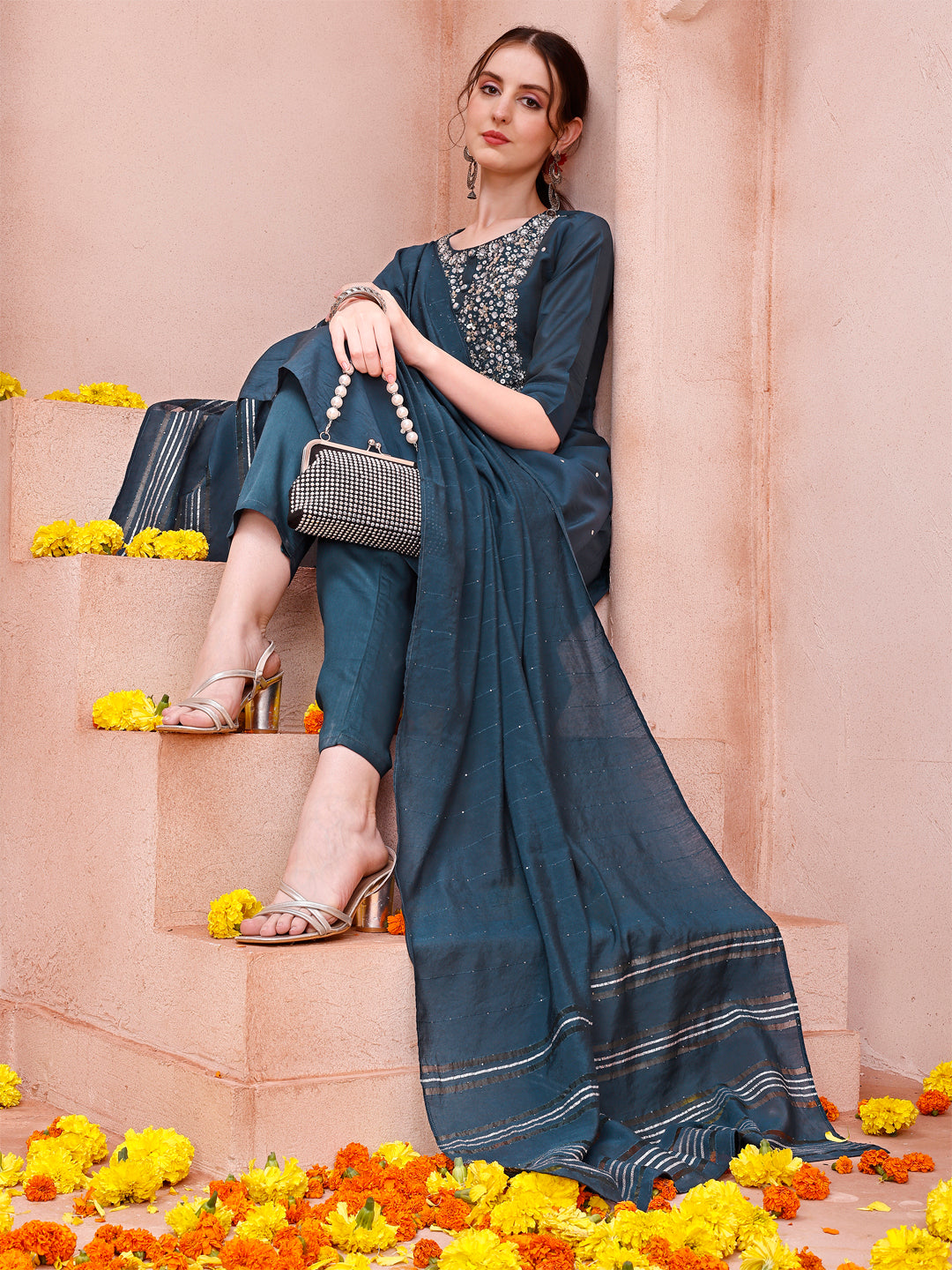 Elegant multicolor hand embroidered kurta with matching pant and dupatta set