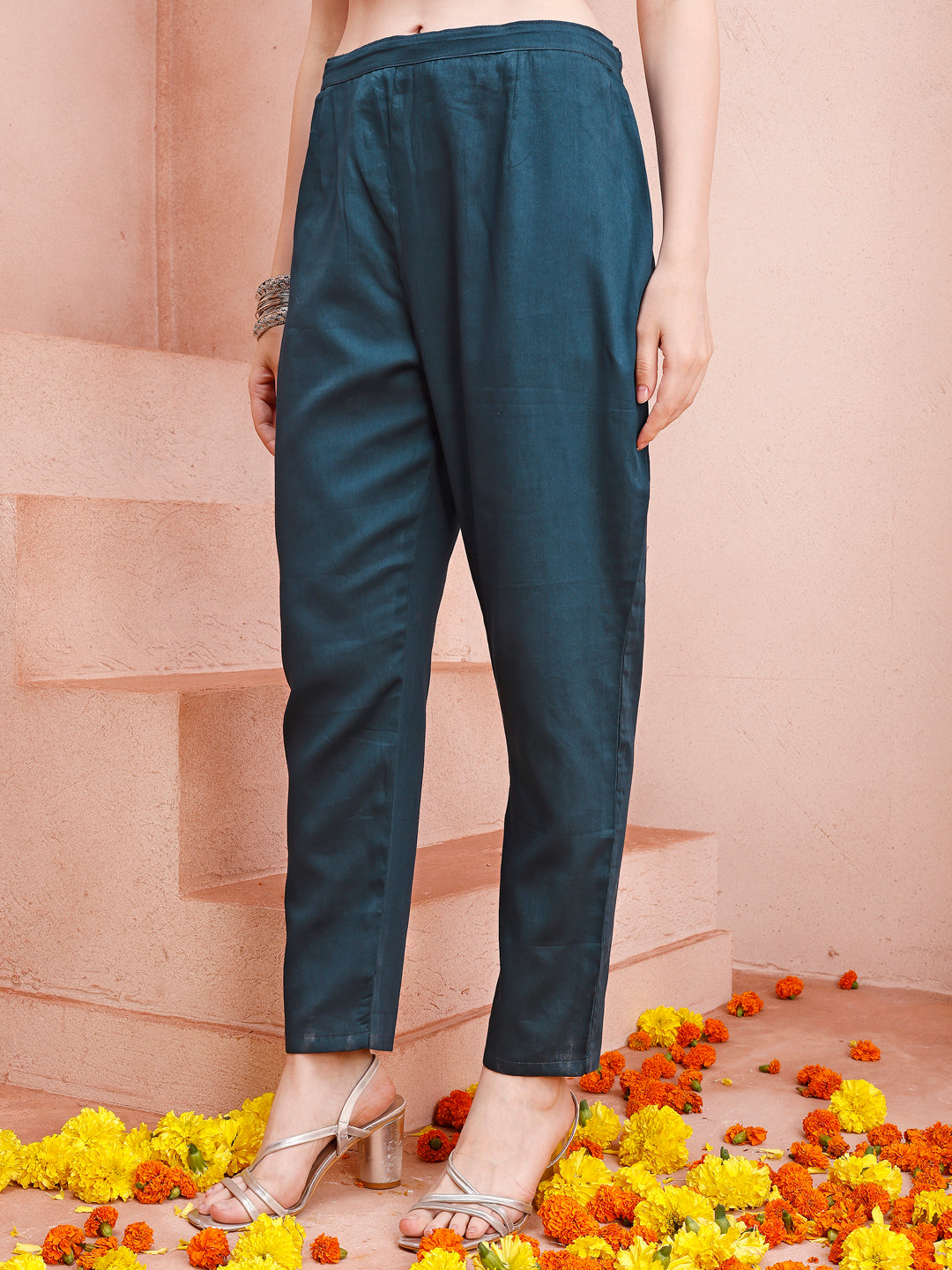 Multicolor Hand Embroidered Rayon Kurta with Pant and Dupatta Set