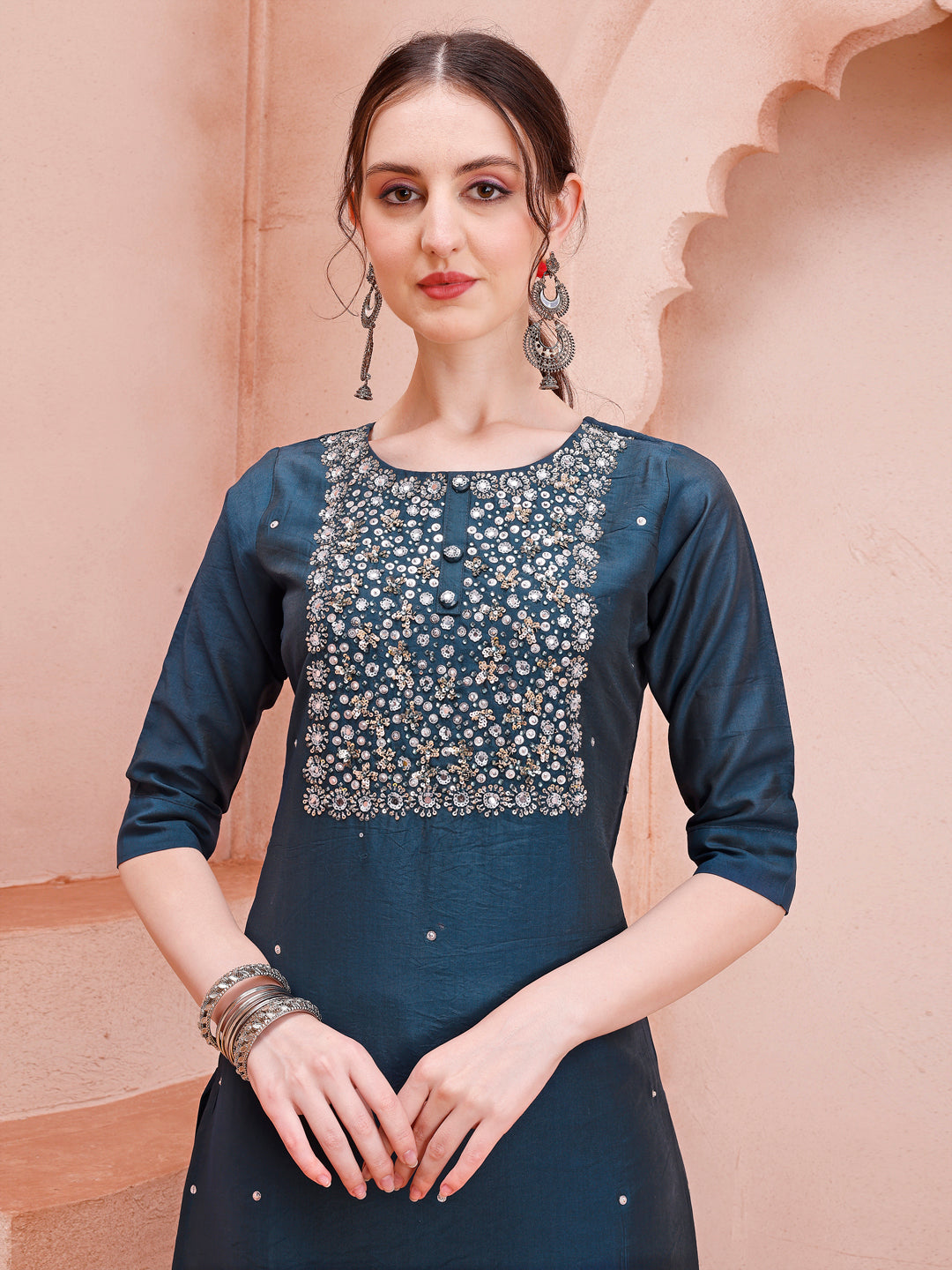 Multicolor Hand Embroidered Rayon Kurta with Pant and Dupatta Set